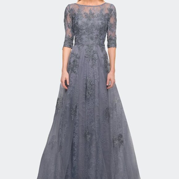 La Femme Slate Blue Shimmer Floral Lace & Tulle Gown - Picture 1 of 4